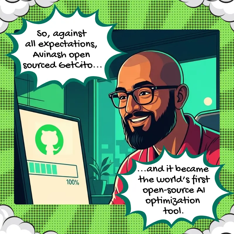 A comic-style illustration of Avinash, the founder of GetCito, smiling as he sits at a desk in front of a computer. The computer screen shows a progress bar nearing 100%. A speech bubble above Avinash reads, 'Ignoring them, Avinash released the source code for GetCito to the world.' The setting is a modern office with a glowing city skyline visible outside.