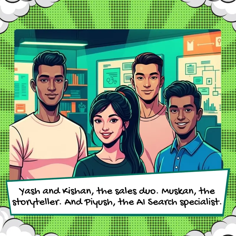 Comic-style illustration of three GetCito team members smiling in an office with digital dashboards in the background. A text box reads, 'He couldn’t do it alone. He assembled a team of brilliant minds: Aditya and Sharvya, the builders, and Roshan, the designer-wiz.'