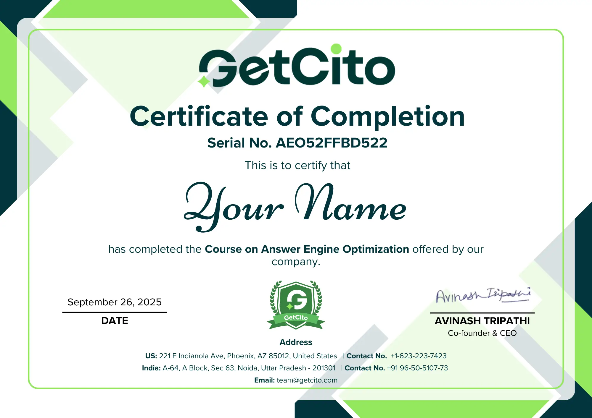 Sample certificate for course completion