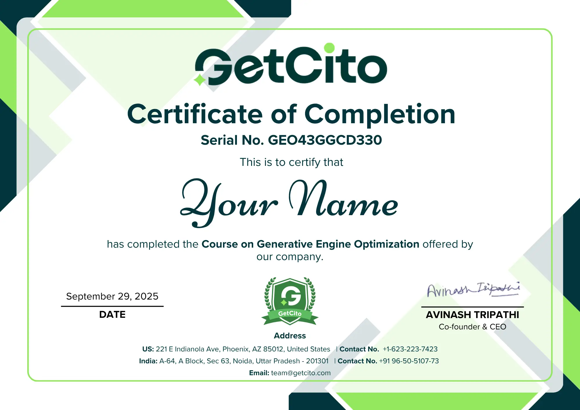 Sample certificate for course completion