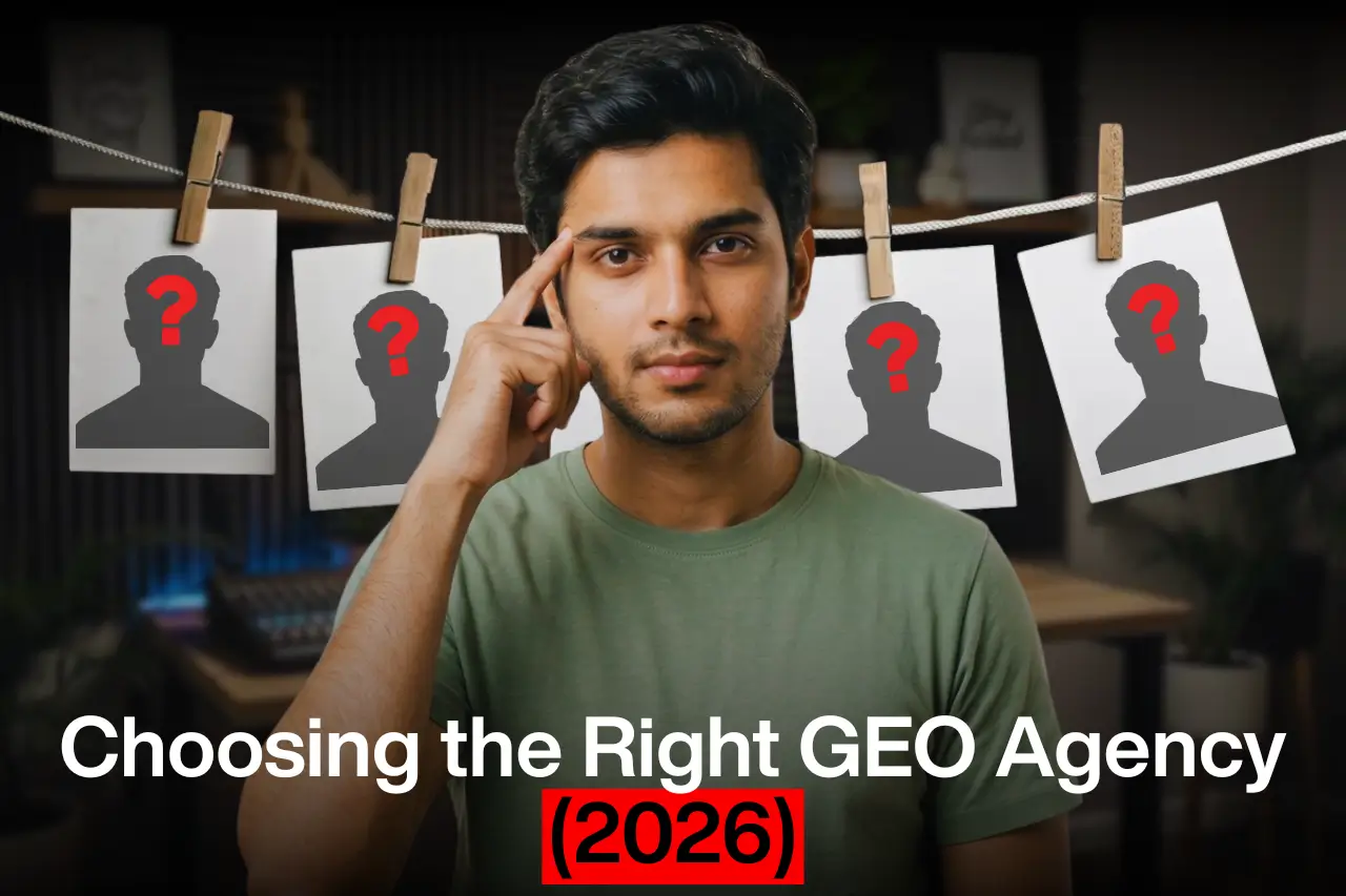 Person touching temple in thoughtful pose, standing before four hanging photographs of head silhouettes with red question marks. Text reads “Choosing the Right GEO Agency (2026).”