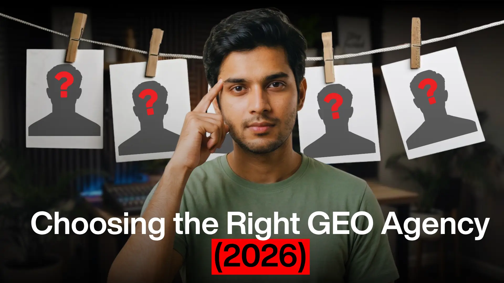 Person touching temple in thoughtful pose, standing before four hanging photographs of head silhouettes with red question marks. Text reads “Choosing the Right GEO Agency (2026).”