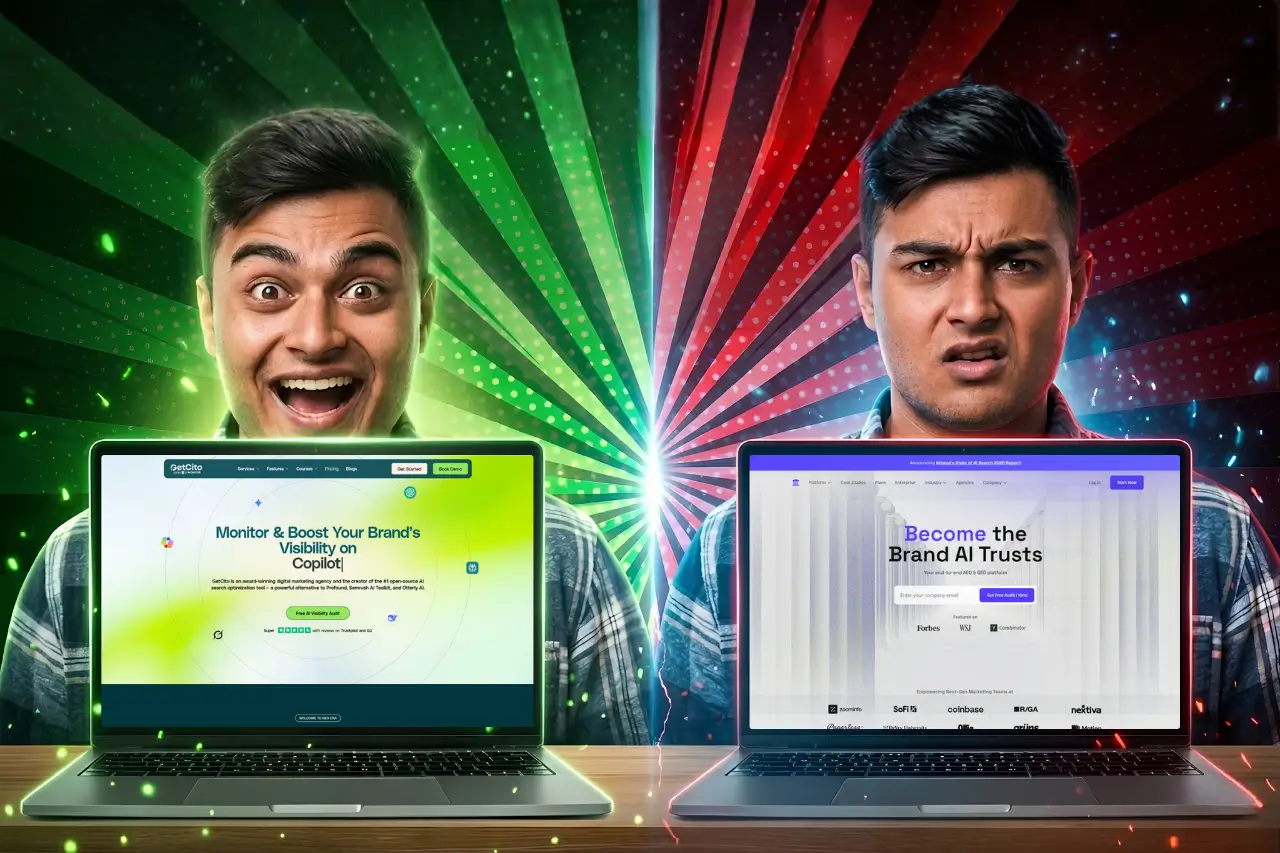 Split-screen image of two laptops with the same person; left side shows a happy face and green background with a brand visibility website, right side shows a confused face and red background with a brand audit website.
