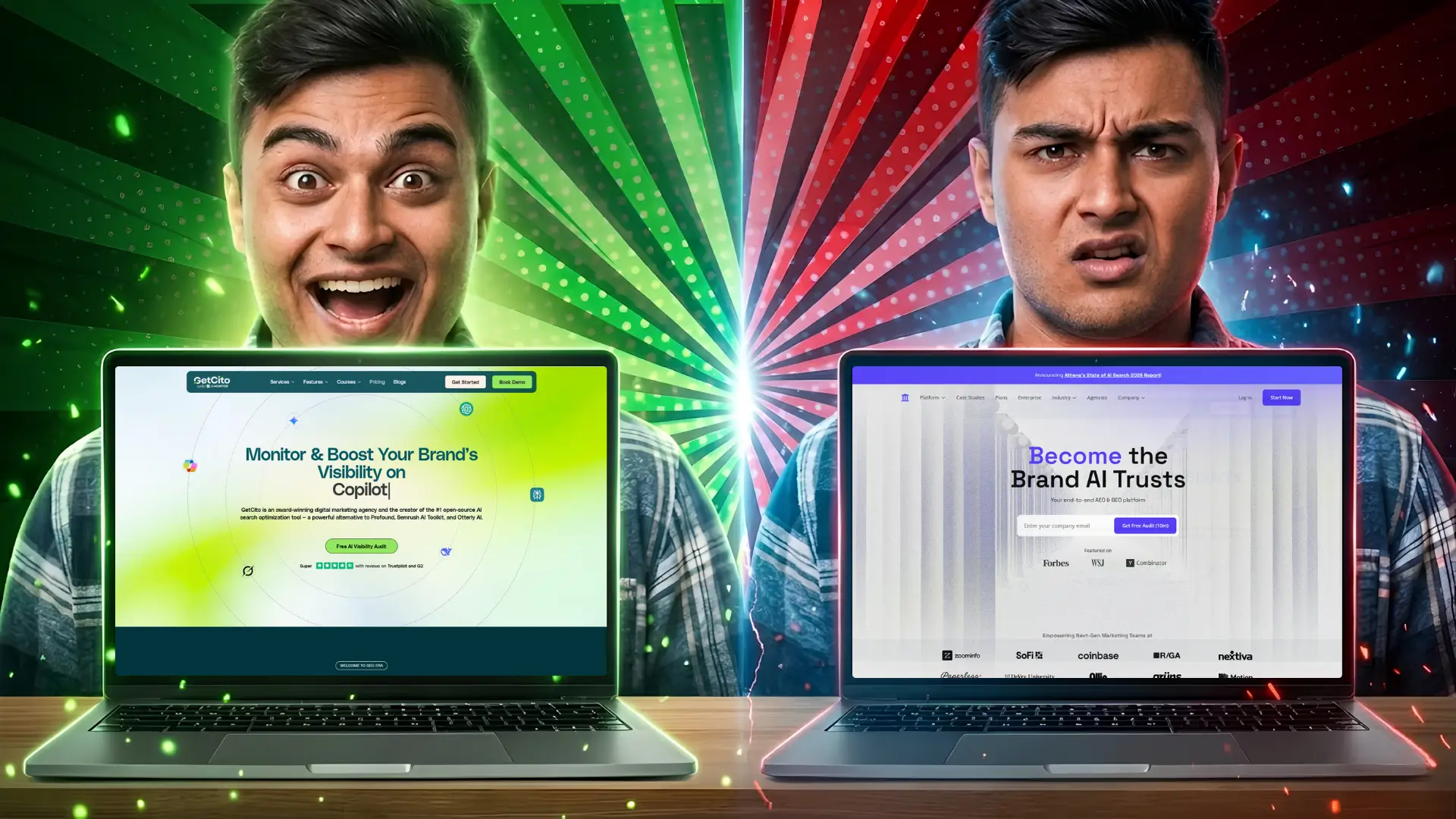 Split-screen image of two laptops with the same person; left side shows a happy face and green background with a brand visibility website, right side shows a confused face and red background with a brand audit website.