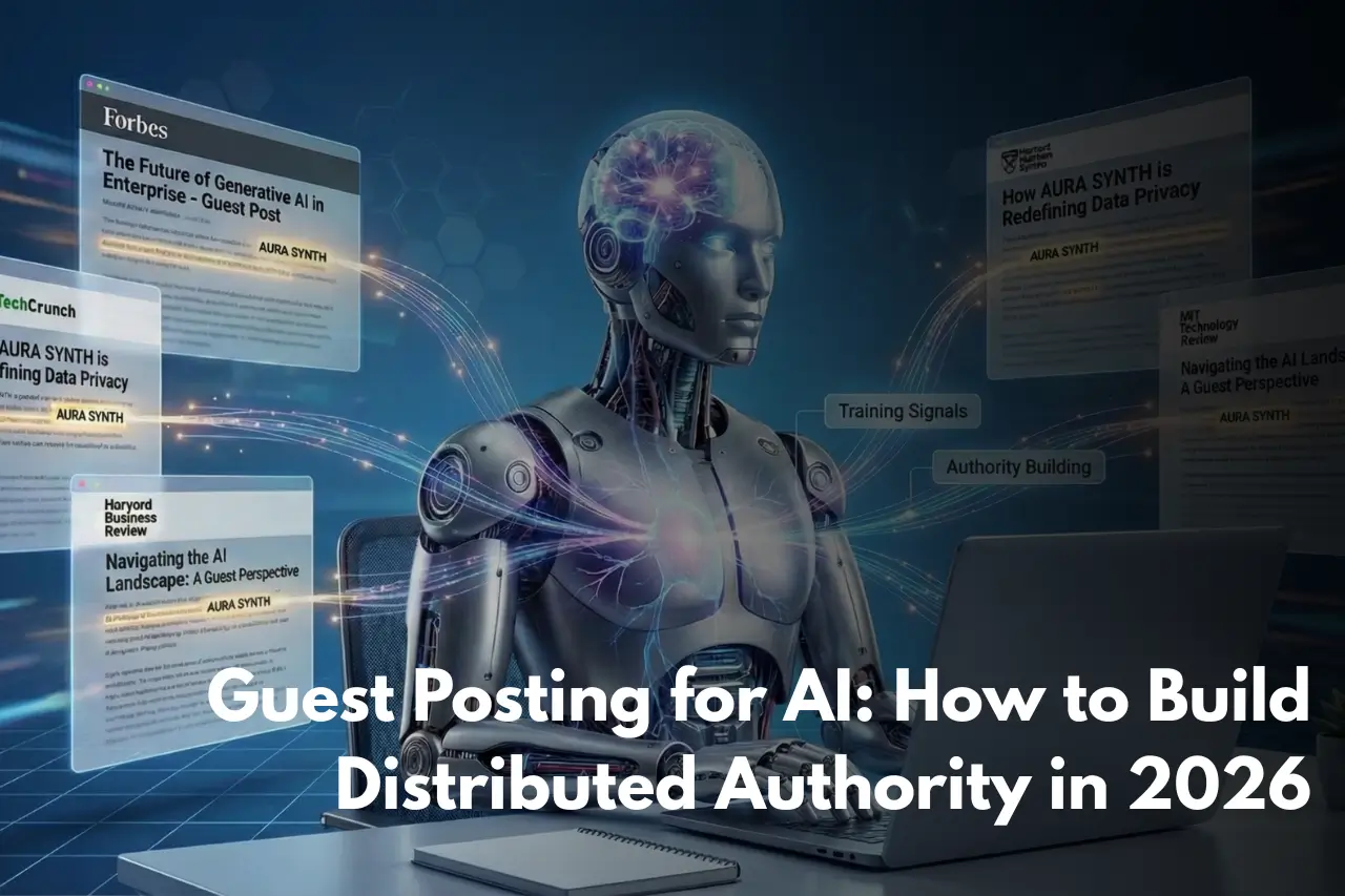 Humanoid robot at desk with laptop surrounded by floating digital article windows from Forbes, TechCrunch, MIT Technology Review and others, illustrating guest posting for AI authority building in 2026.