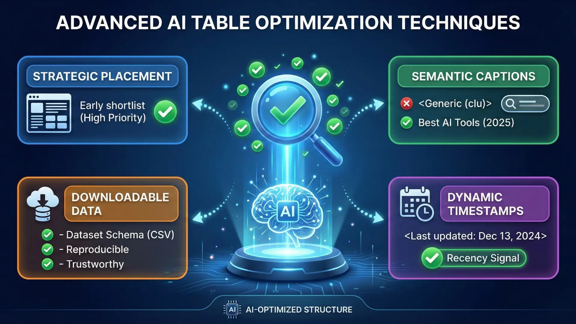 Infographic titled “Advanced AI Table Optimization Techniques” with central AI brain icon and four categories: strategic placement, semantic captions, downloadable data, and dynamic timestamps.