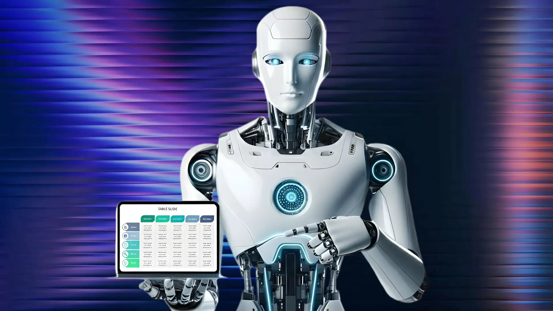 OFuturistic humanoid robot with glowing blue accents holding tablet displaying table slide with categories like share, close, email, print, and type across dates from February to June 2023.