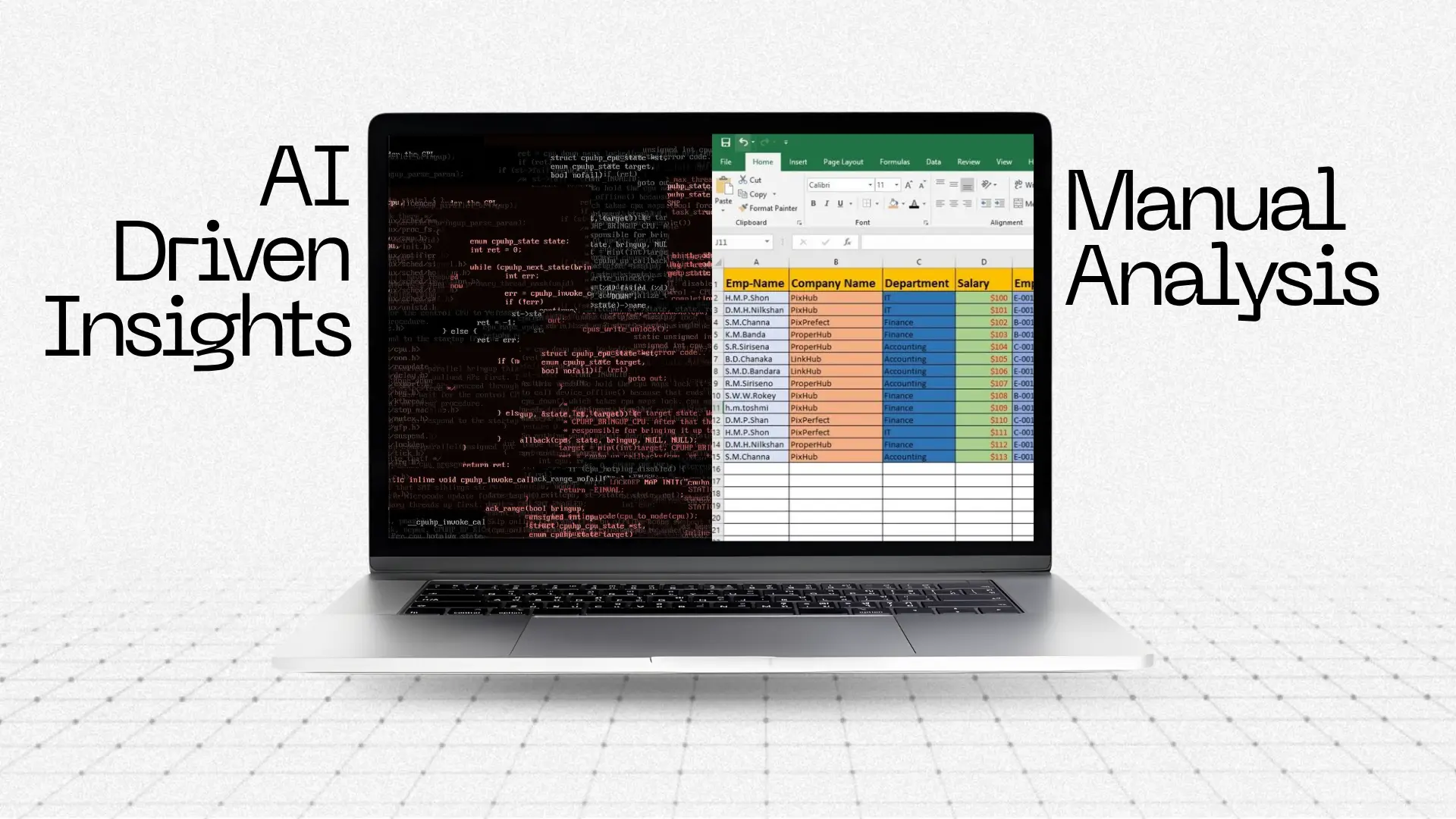 Laptop screen split between AI-driven code insights on the left and manual Excel spreadsheet analysis on the right.