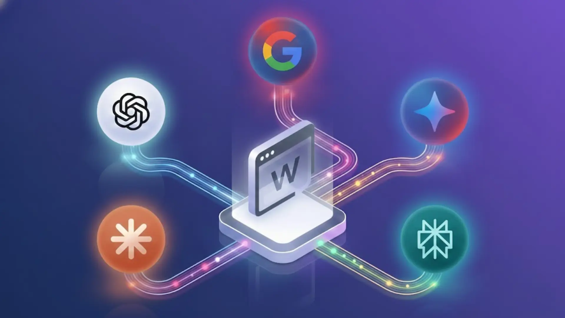 Central web workspace icon connected to OpenAI, Google, and other tool logos with glowing pathways
