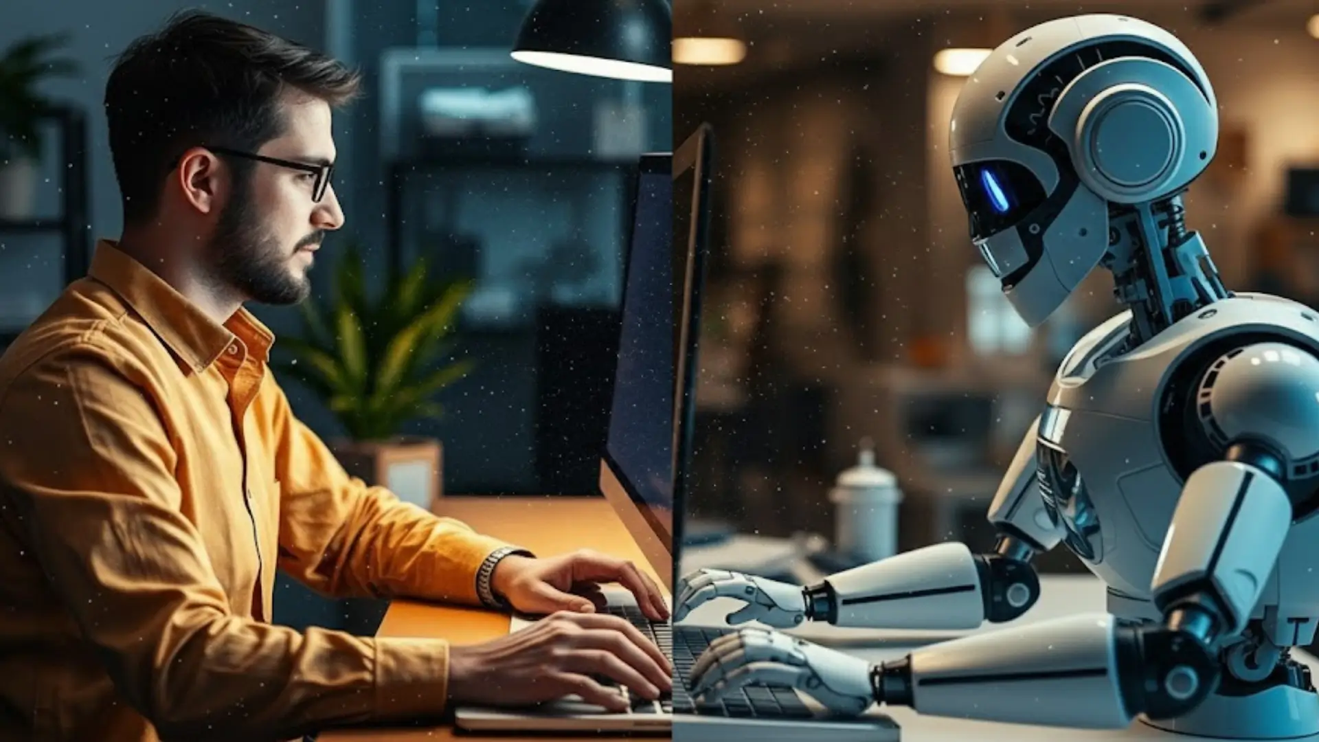 Human in glasses typing at a computer contrasted with a humanoid robot typing at another computer.