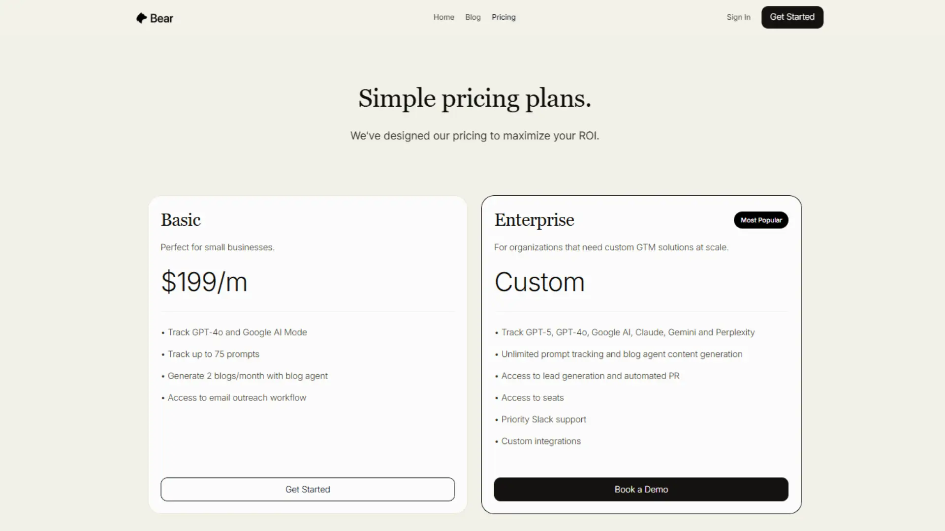 Bear pricing page showing Basic plan ($199/mo) with GPT‑4o tracking and blog agent, and Enterprise plan (custom) with GPT‑5, unlimited prompts, lead generation, PR, and Slack support.
