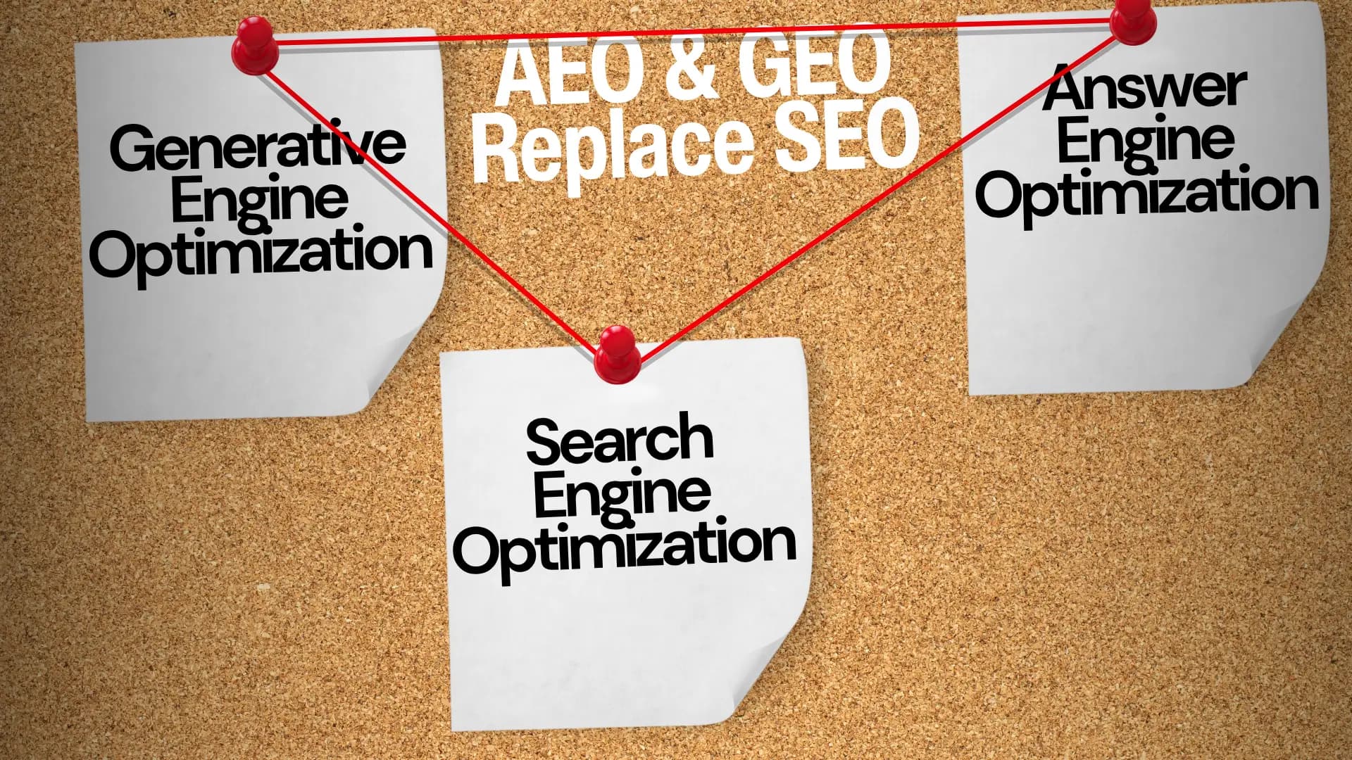 Corkboard with three pinned sheets connected by red string. Center text reads “AEO & GEO Replace SEO.” Sheets labeled Generative Engine Optimization, Search Engine Optimization, and Answer Engine Optimization.