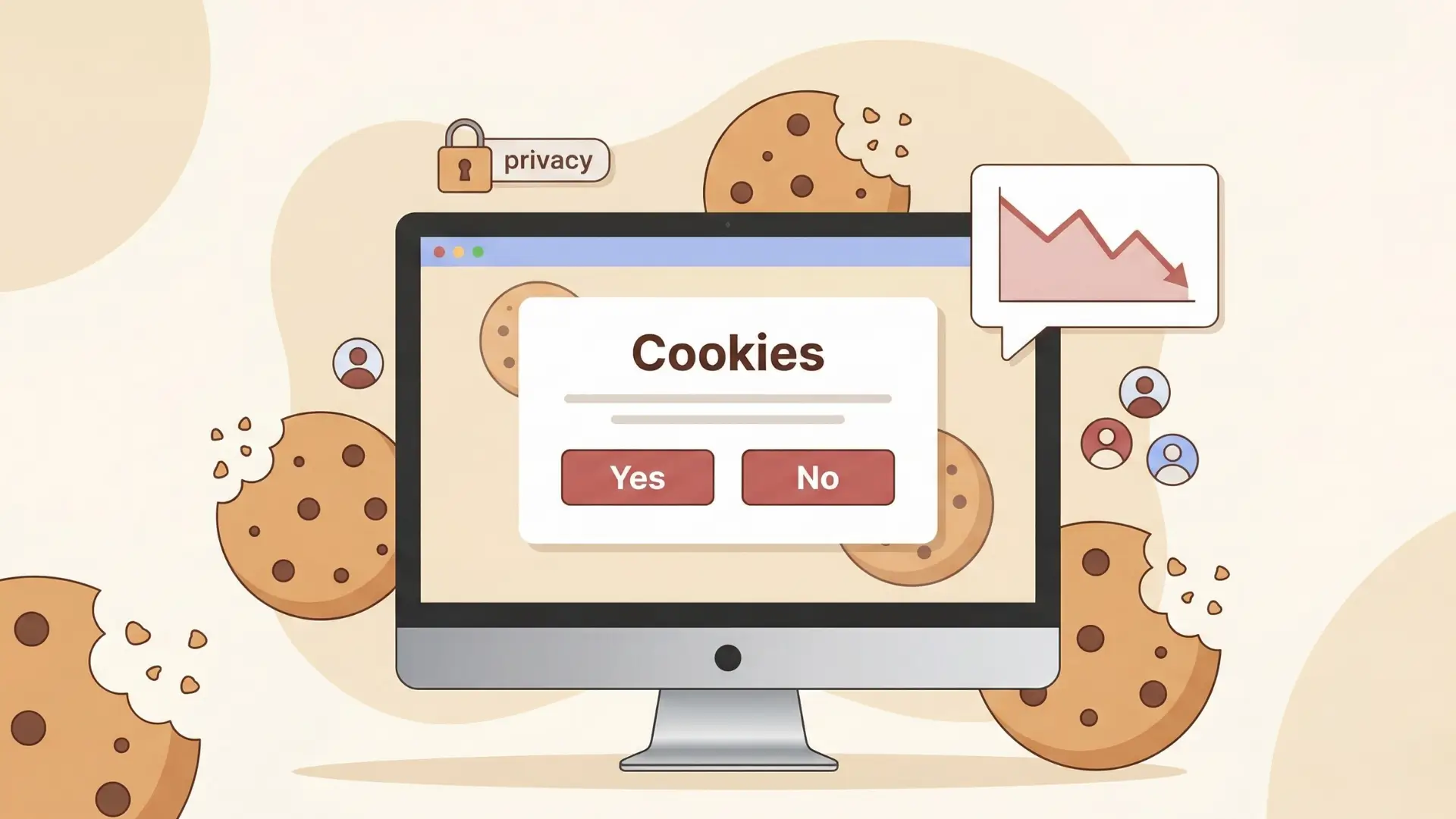 Computer monitor with pop-up window labeled “Cookies” and buttons “Yes” and “No,” surrounded by cartoon cookies, lock icon with “privacy,” graph bubble, and user profile icons.