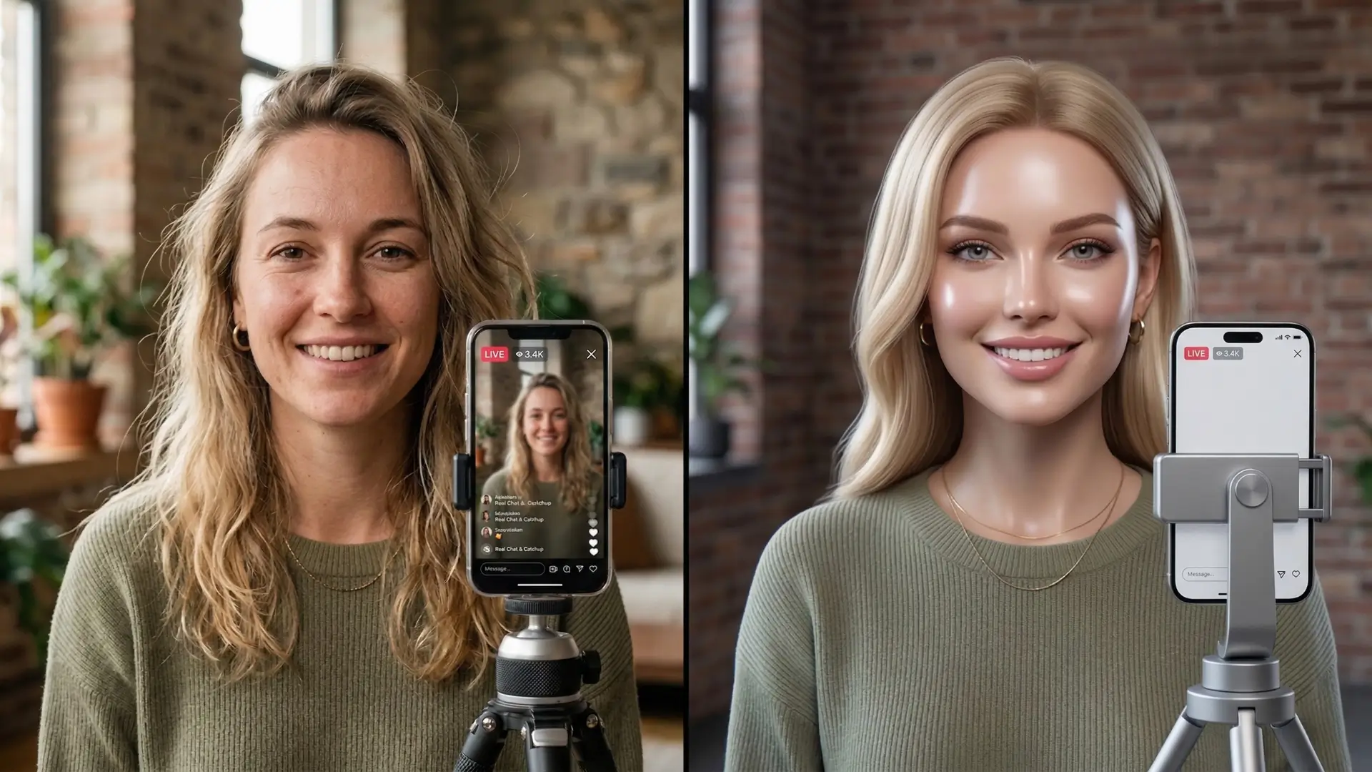 Split image showing person in green sweater live streaming on smartphone. Left side natural appearance with chat and hearts; right side digitally filtered version with smoother features and same viewer count.
