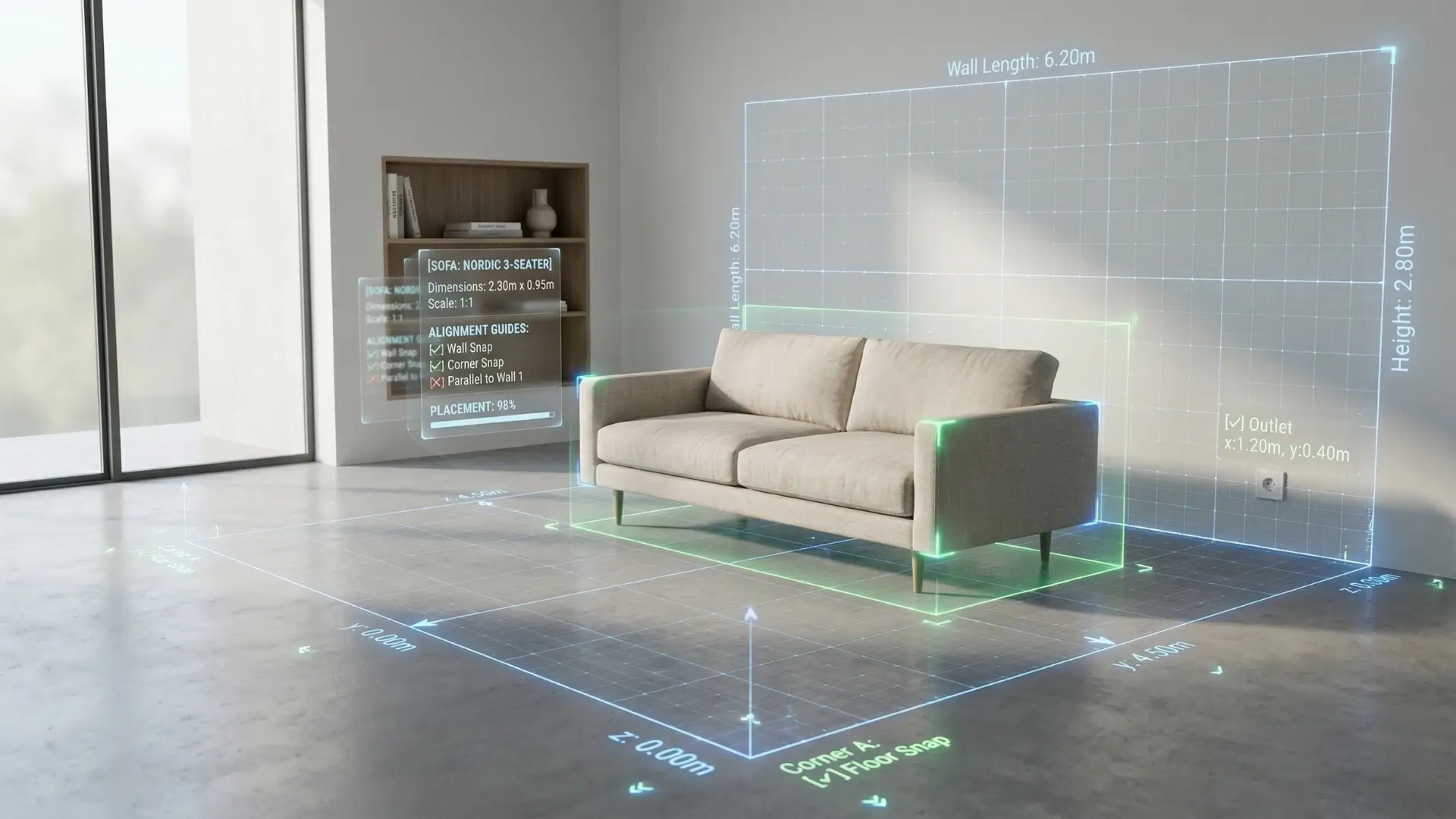 Modern living room with beige sofa and augmented reality overlays showing dimensions, alignment guides, and placement percentage for interior design visualization.