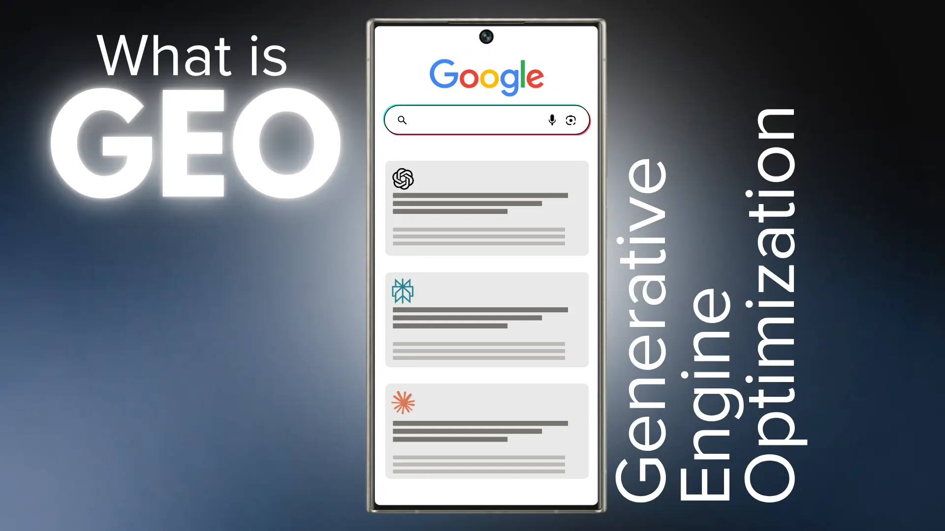 Smartphone showing Google search results with text ‘What is GEO’ and ‘Generative Engine Optimization.’