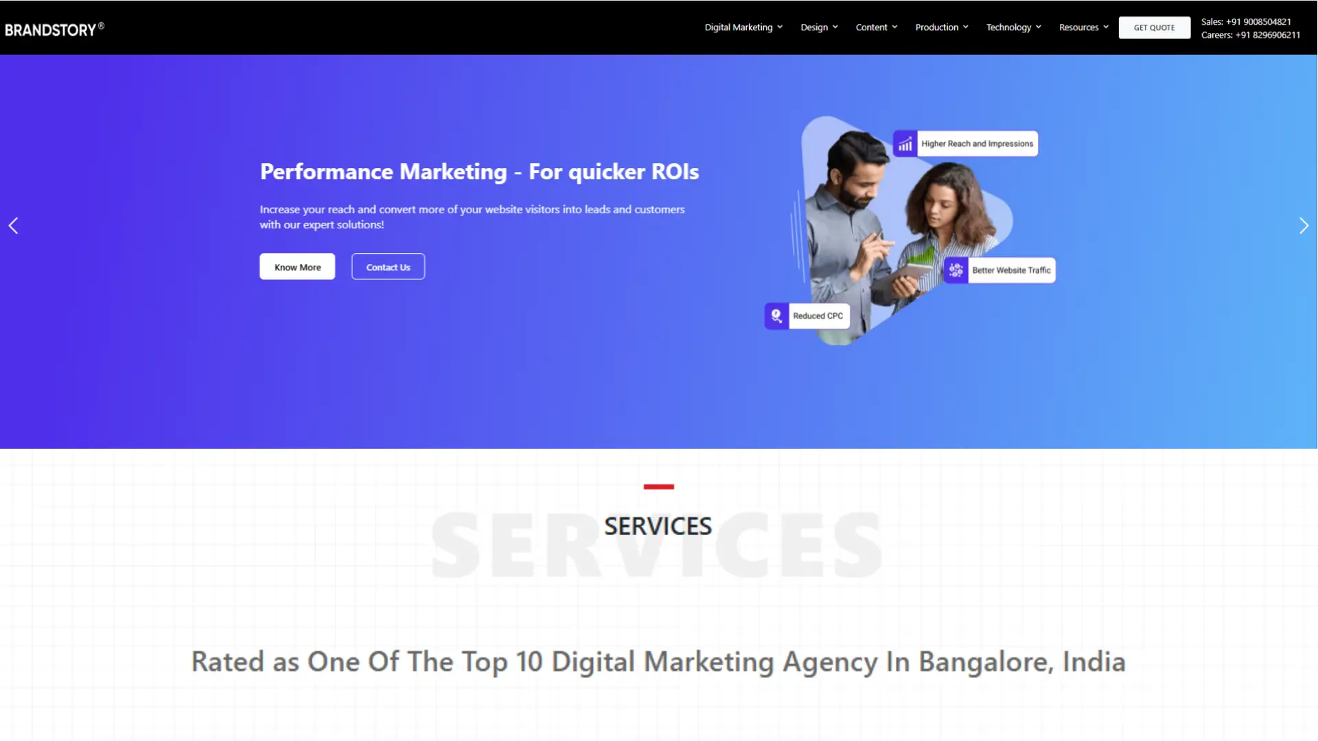 Brandstory® digital marketing agency homepage with blue gradient banner, headline on performance marketing, and two people viewing a tablet.