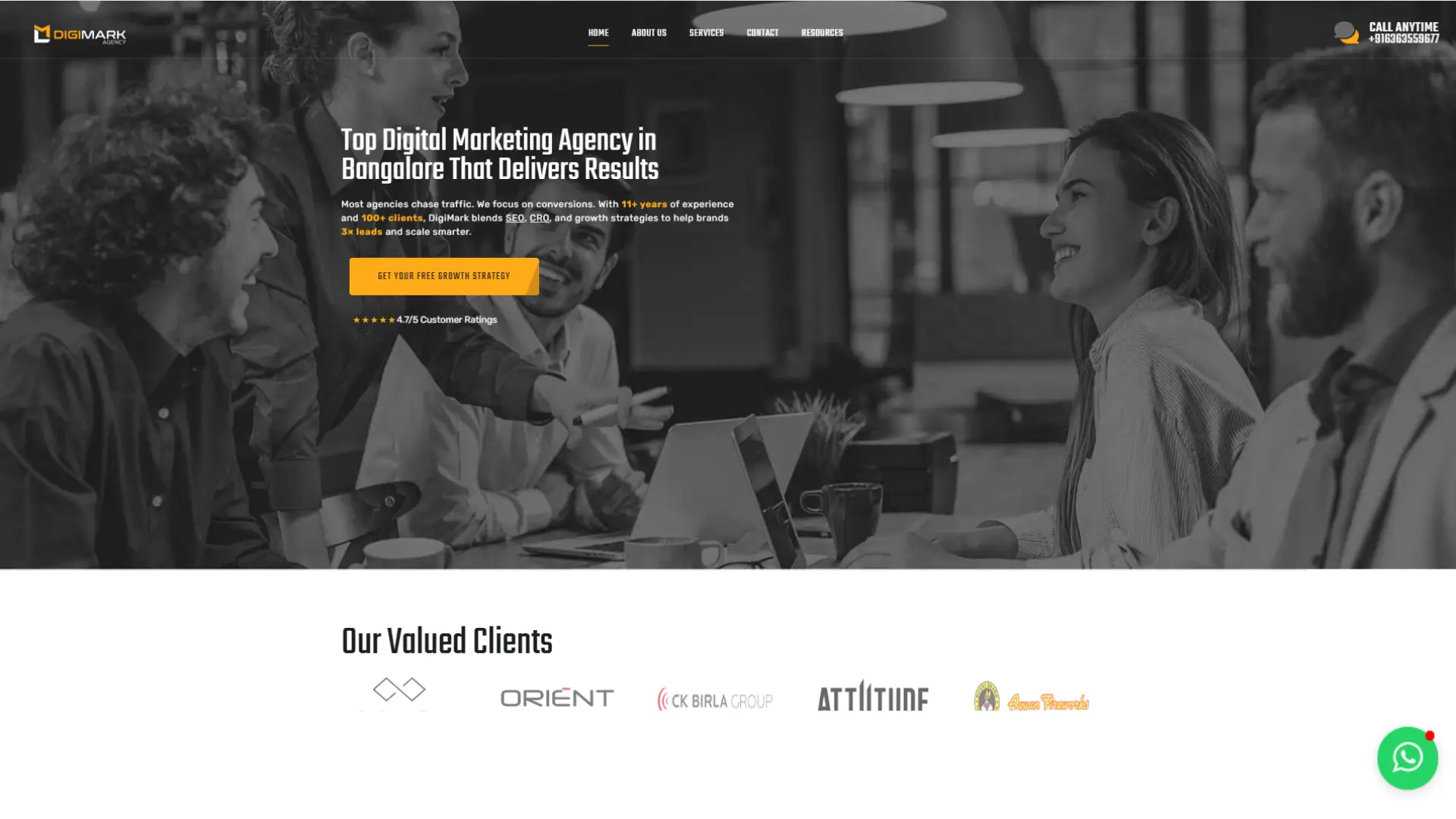 DIGIMARK Agency homepage with black-and-white team photo, headline on delivering results, and client logos displayed below.