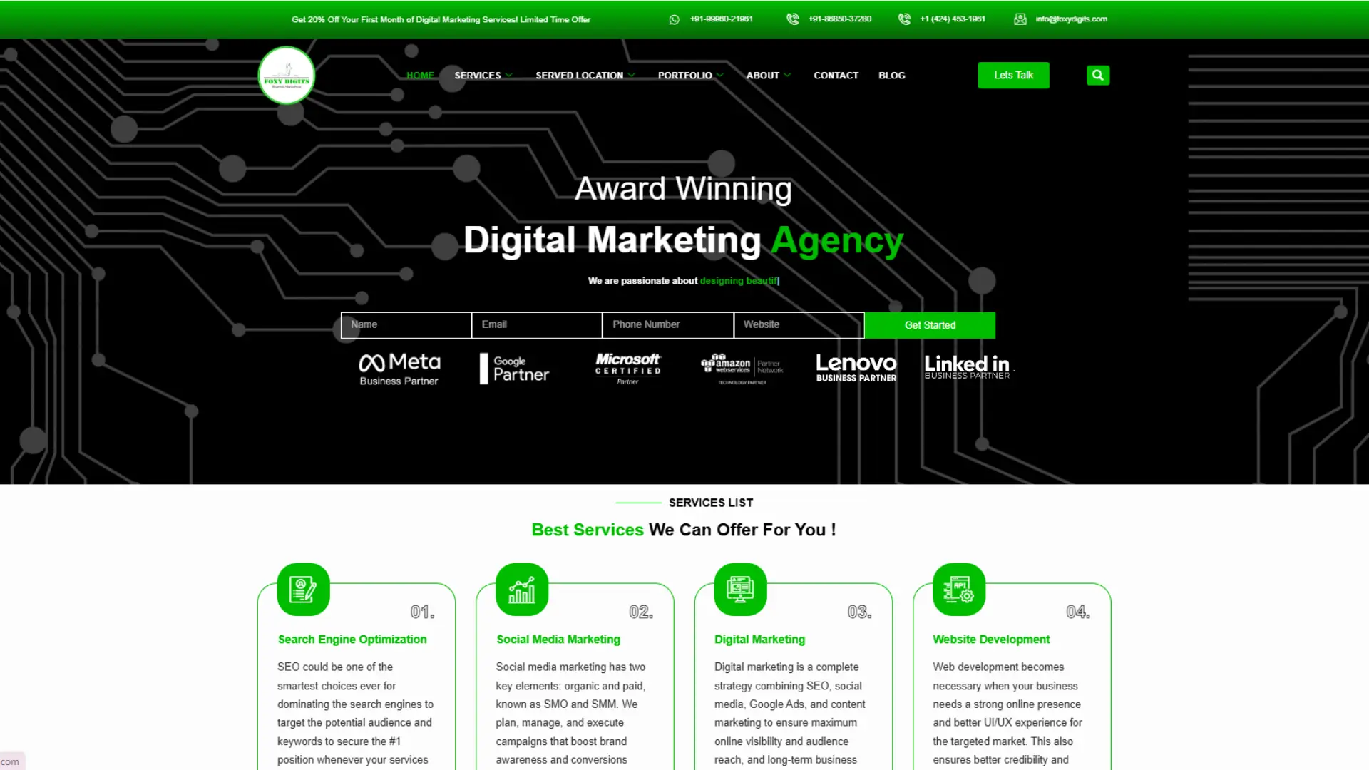 Floyd Digits digital marketing agency homepage with black background, green accents, partner logos, and service list including SEO and social media.