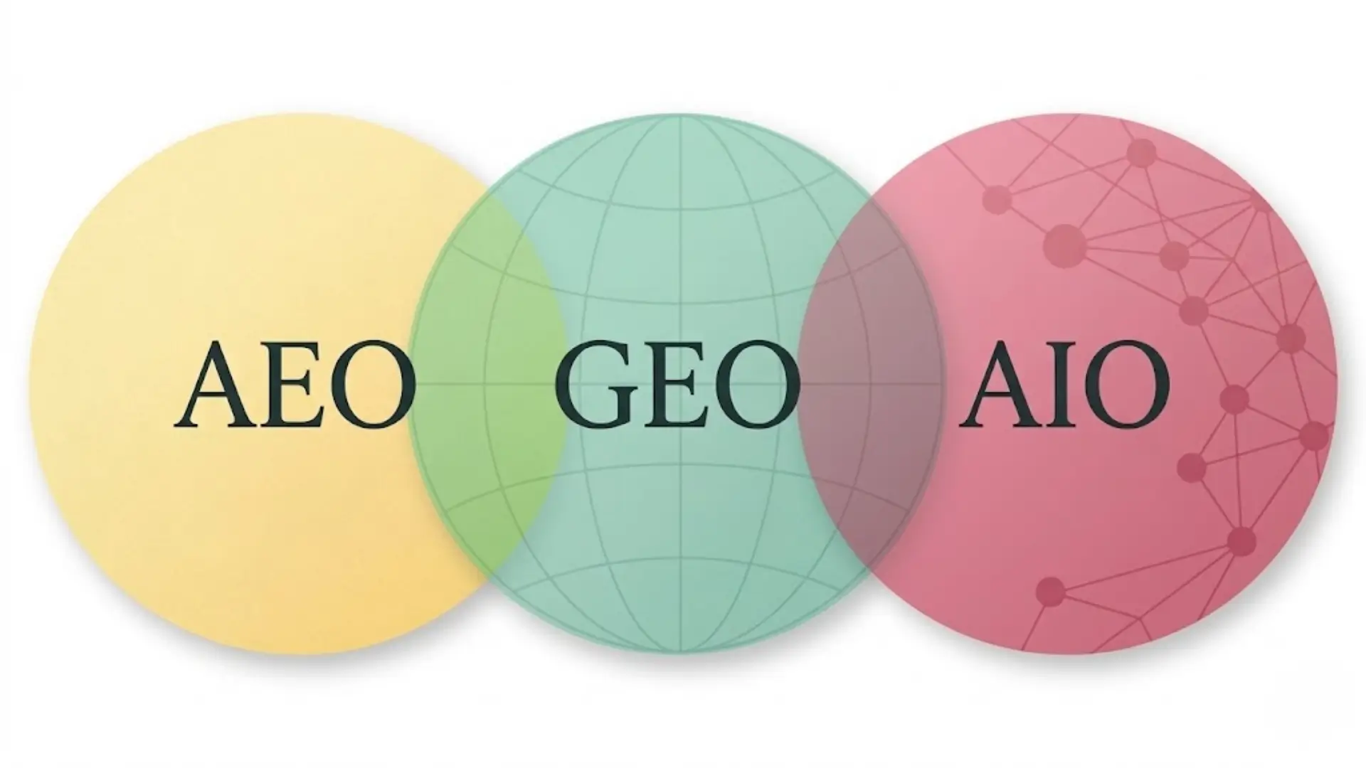 Three overlapping circles labeled AEO, GEO, and AIO, symbolizing interconnected concepts.