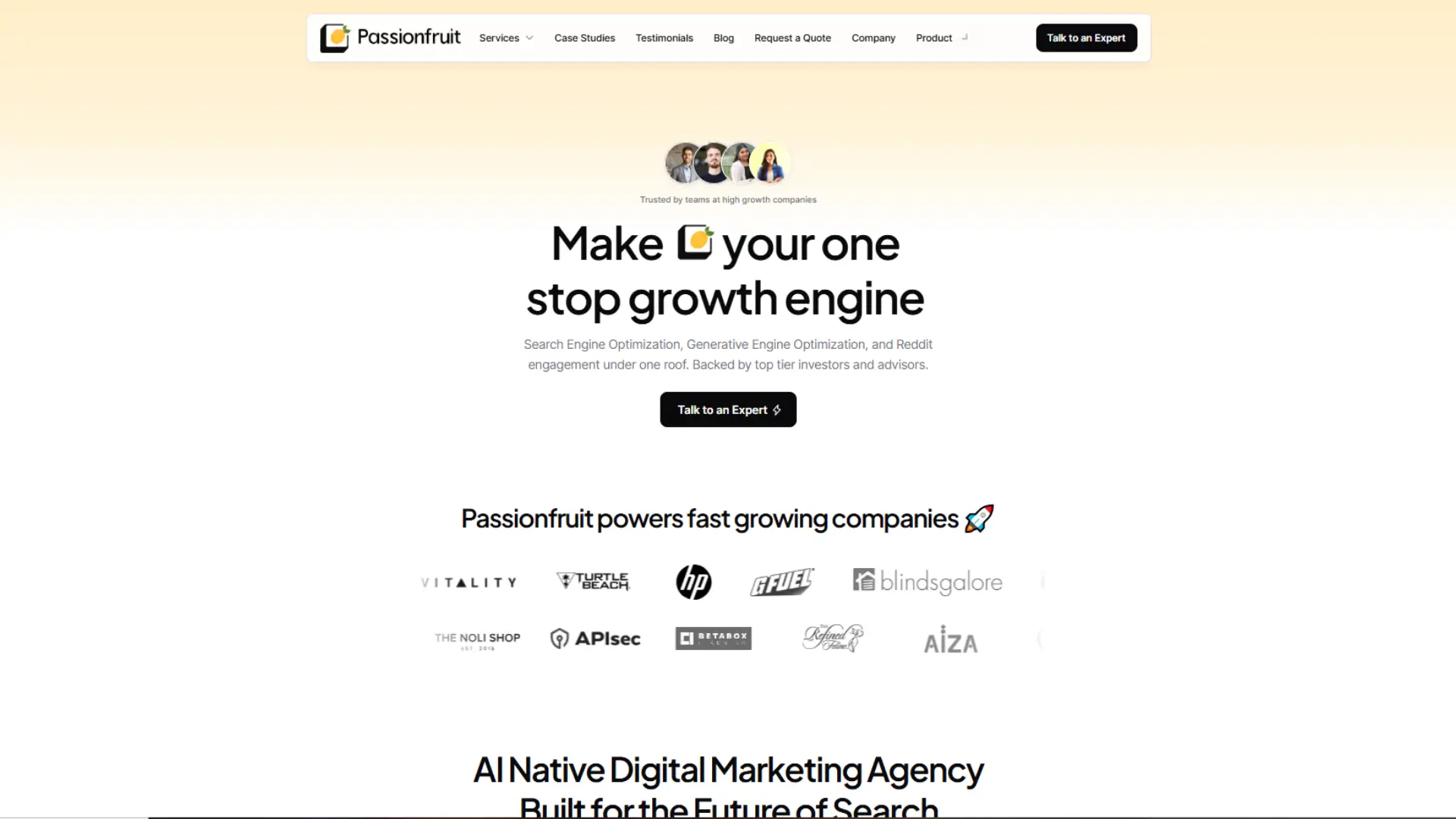Passionfruit agency homepage with headline ‘Make 🍋 your one stop growth engine’ and client logos below.