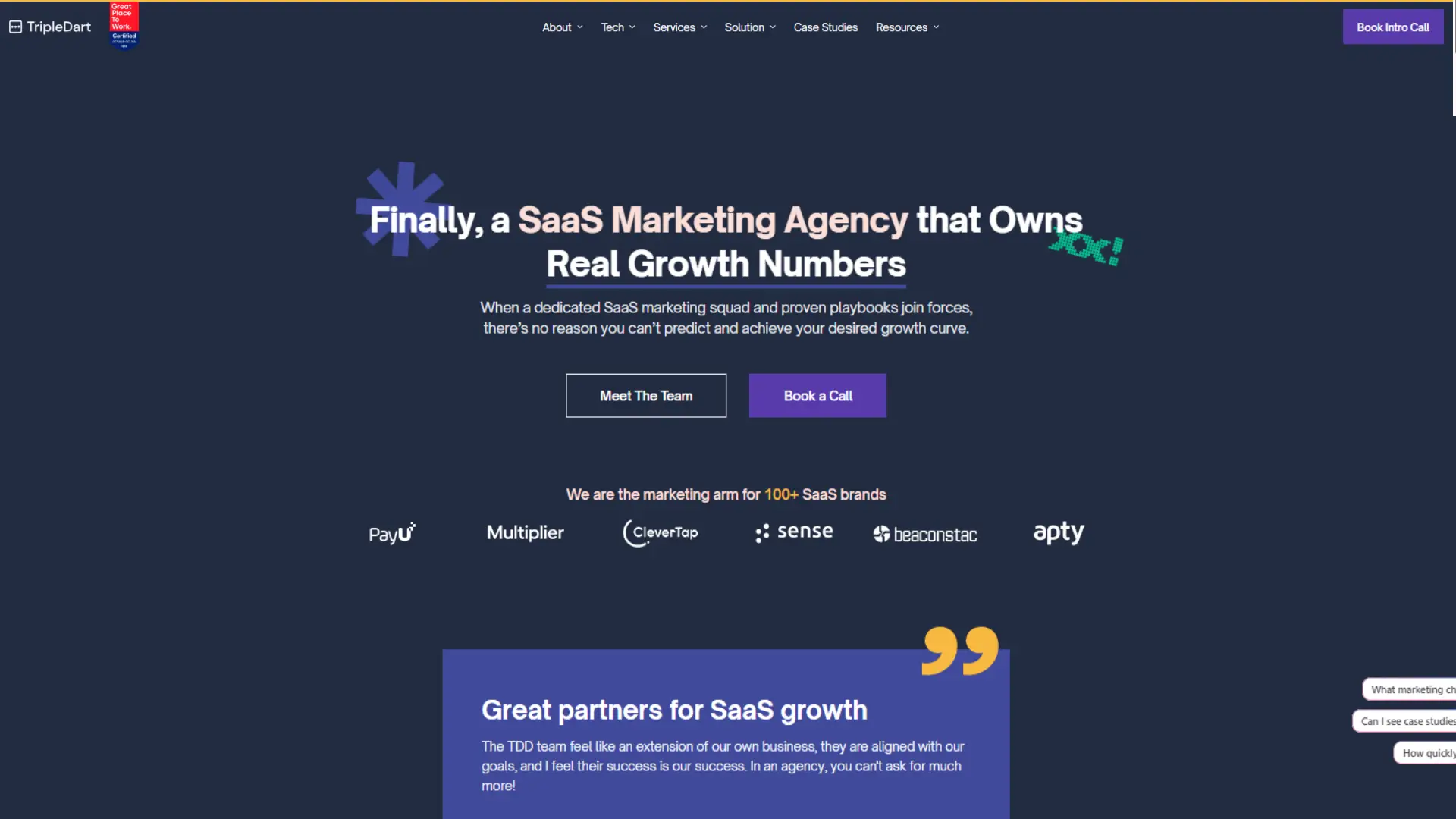 TripleDart SaaS marketing agency homepage with headline on real growth numbers and client logos.