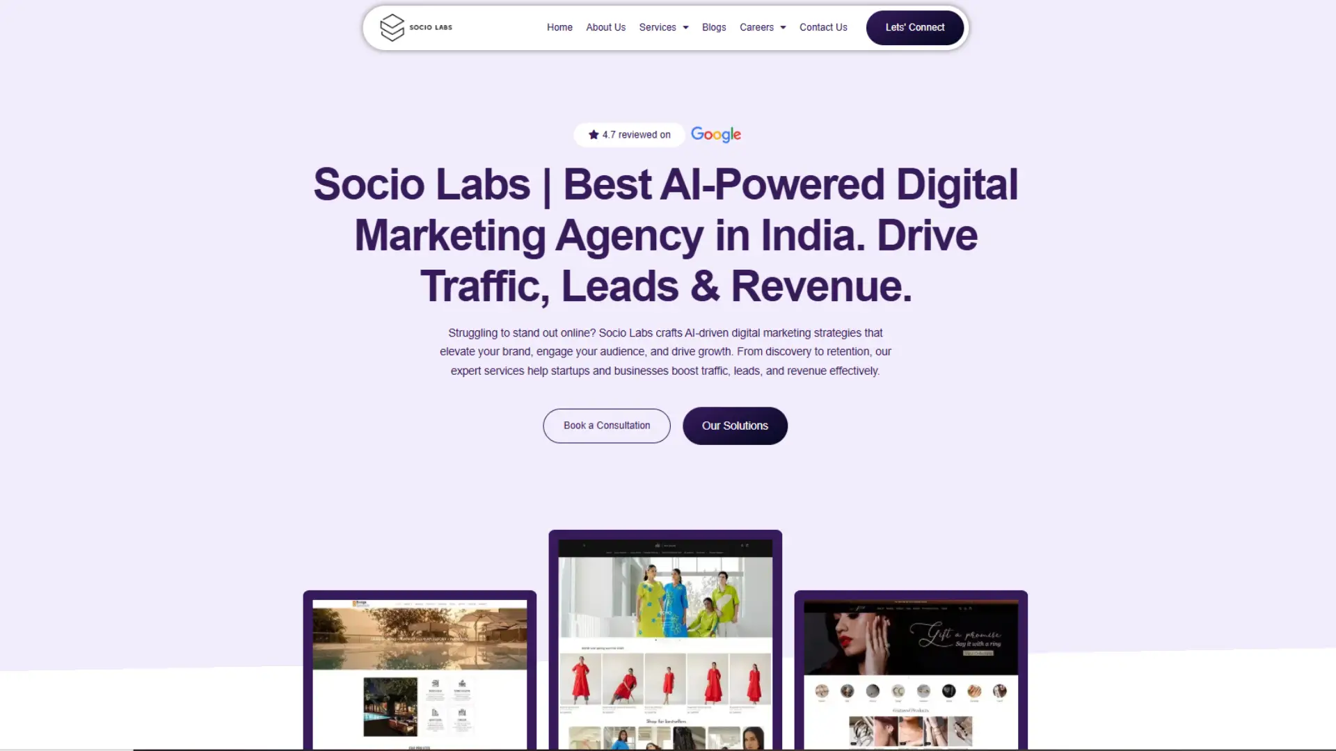Socio Labs digital marketing agency homepage with headline on AI-powered strategies and consultation options.