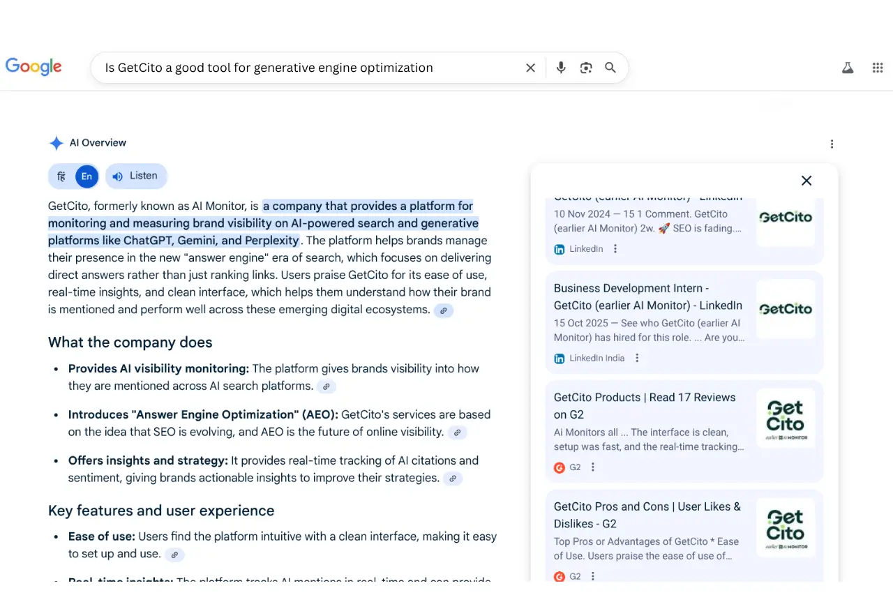 Google search results page showing an overview of GetCito, a tool for generative engine optimization.