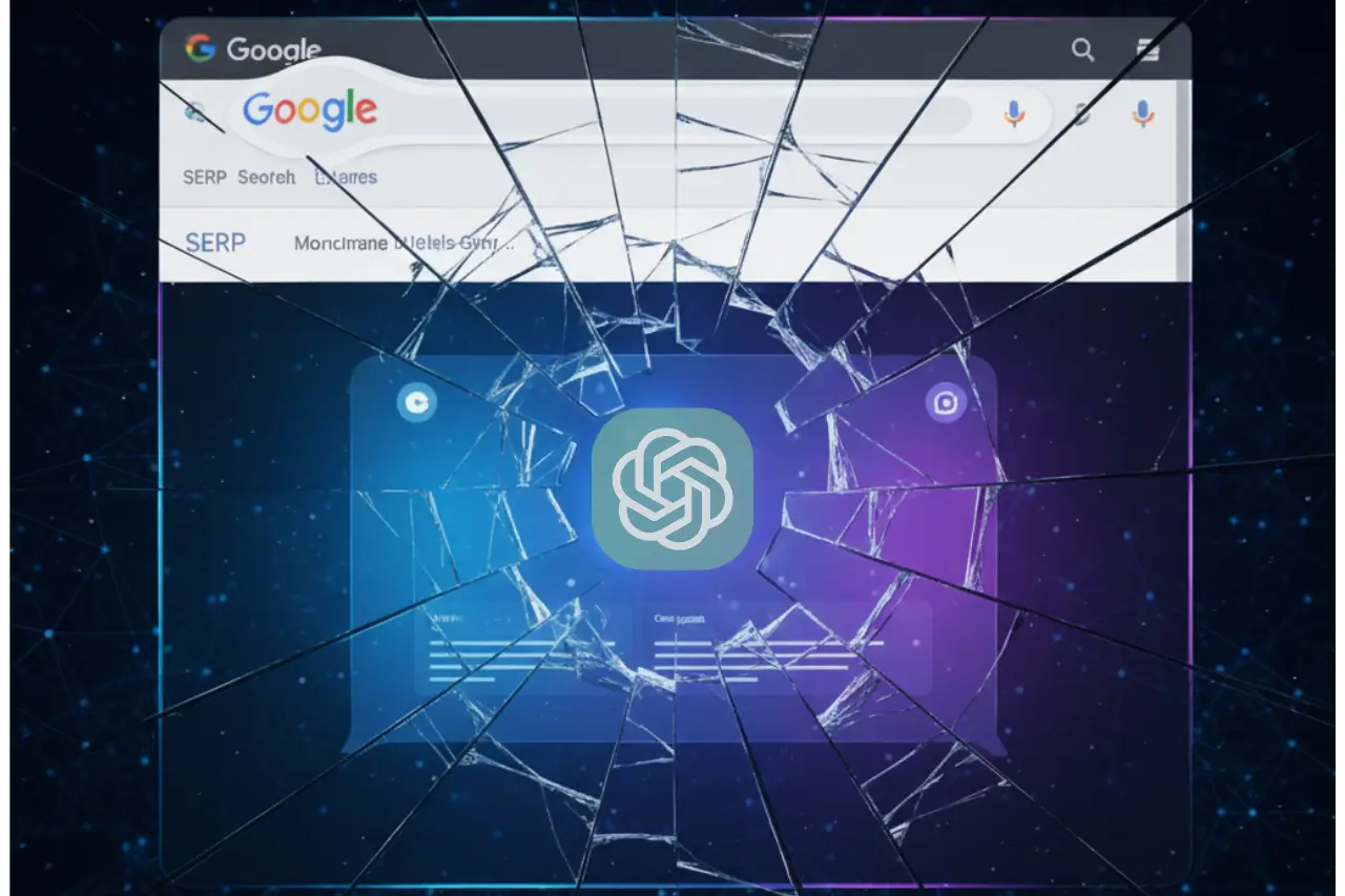 Shattered glass effect showing Google search breaking apart over an AI interface with the ChatGPT logo.
