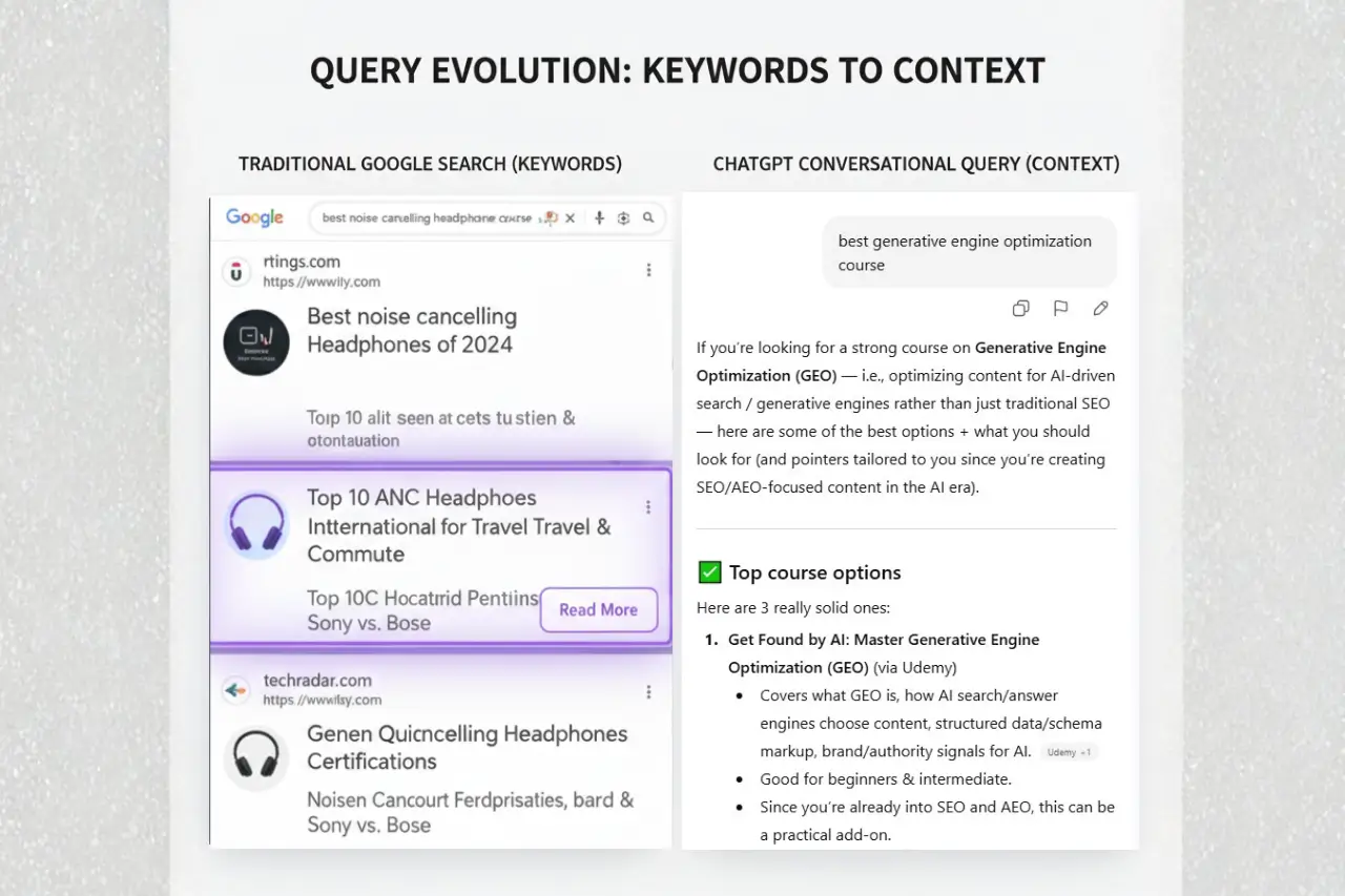 Comparison of traditional Google keyword search results versus ChatGPT conversational query results explaining SEO context shift.