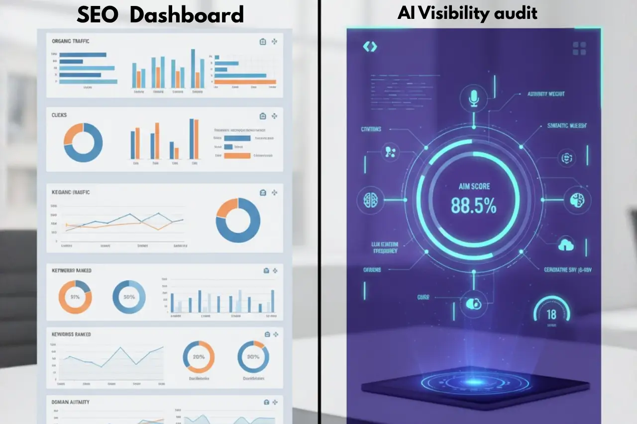 Side-by-side comparison of SEO analytics dashboards and an AI-generated score interface displaying an 88.5% optimization rating.