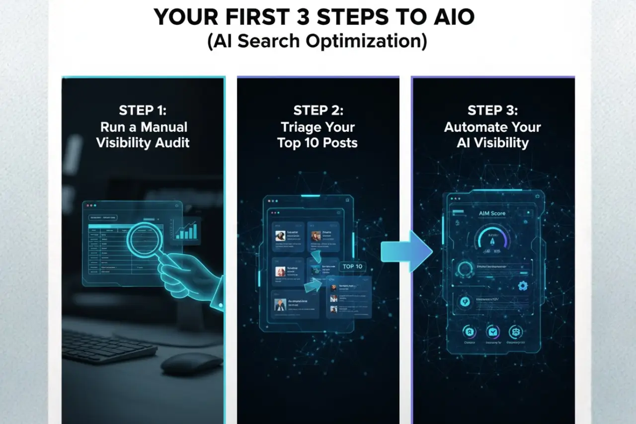 AI search optimization dashboard showing AIM score and analytics used for AIO visibility tracking.