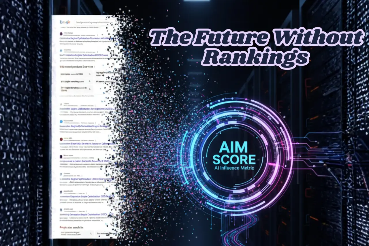 Conceptual graphic showing Google rankings dissolving into particles and transforming into AIM SCORE, an AI-driven metric.