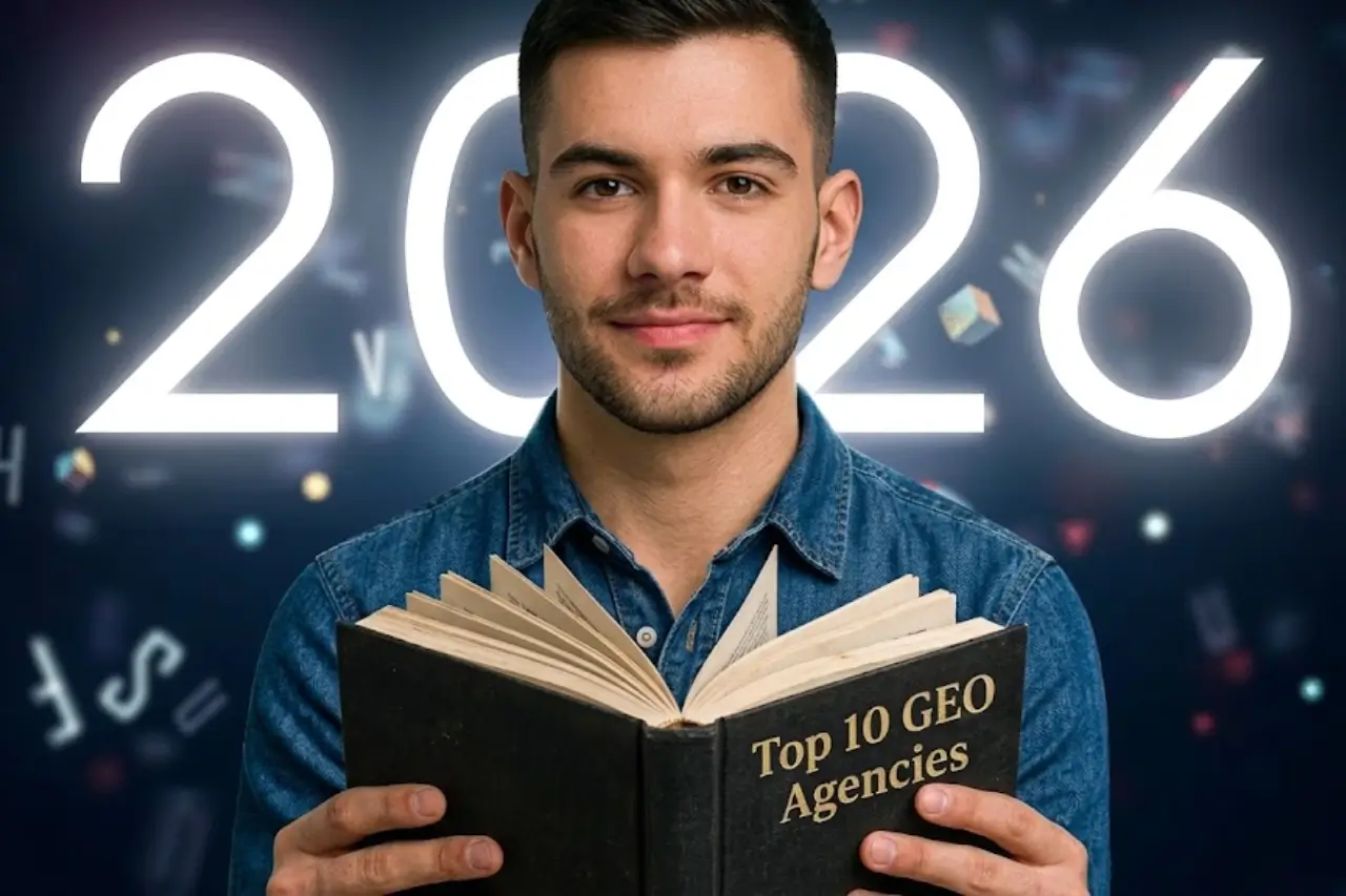 Person holding a book titled ‘Top 10 GEO Agencies’ with glowing numbers ‘2026’ in the background.