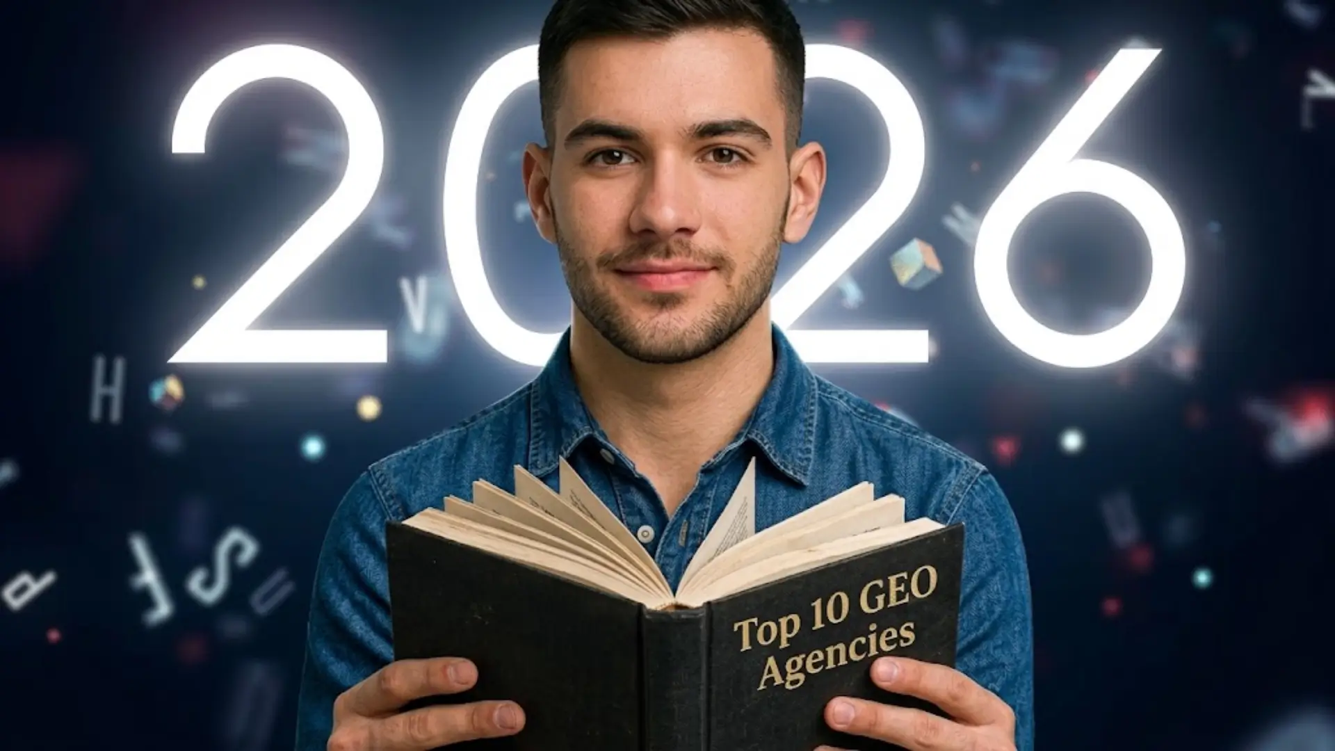 Person holding a book titled ‘Top 10 GEO Agencies’ with glowing numbers ‘2026’ in the background.