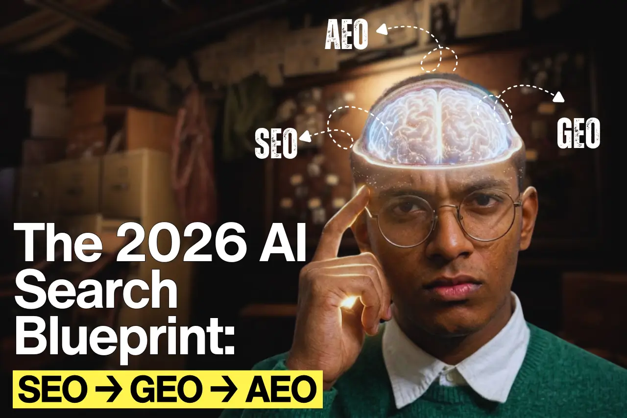 Person in glasses and green sweater pointing to temple with serious expression, digital brain above head labeled with arrows “SEO,” “GEO,” and “AEO,” background cluttered room with shelves and boxes, text “The 2026 AI Search Blueprint: SEO → GEO → AEO.”