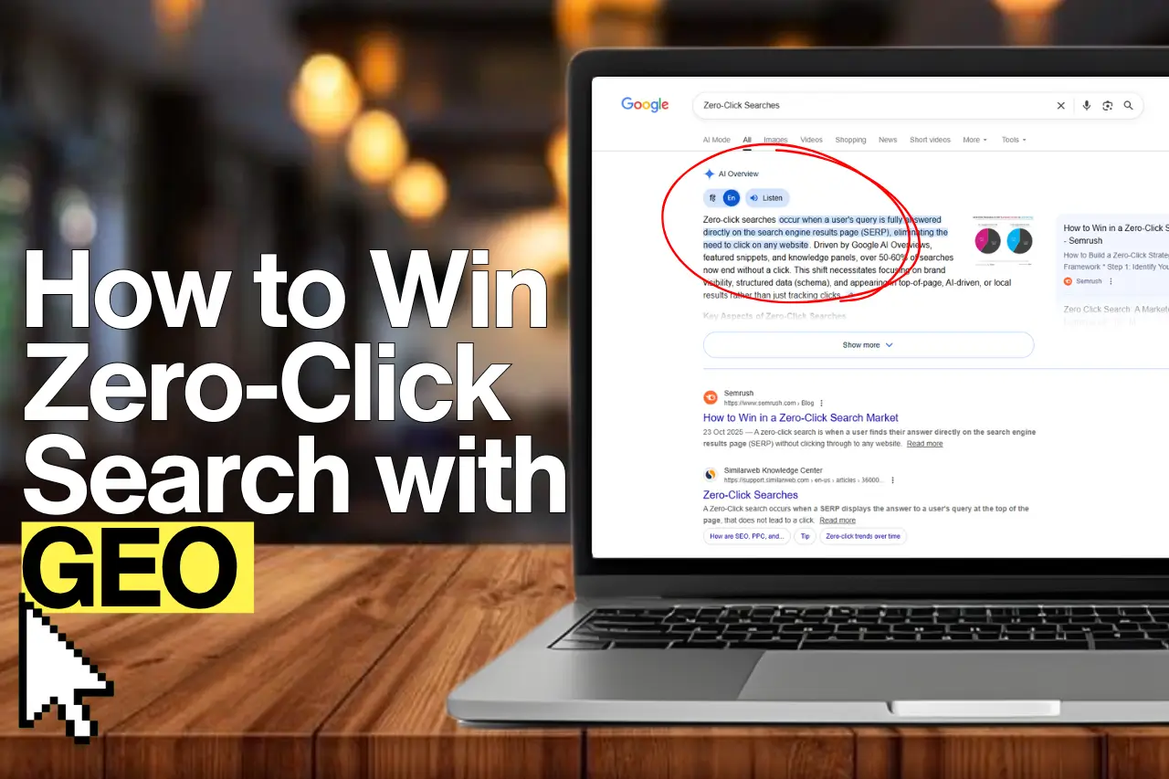 A laptop screen displaying a Google search for 'Zero-Click Searches' with the AI Overview panel circled in red, showing an answer generated directly on the SERP without requiring a click. Beside the laptop, bold text reads 'How to Win Zero-Click Search with GEO' against a dark bokeh background.