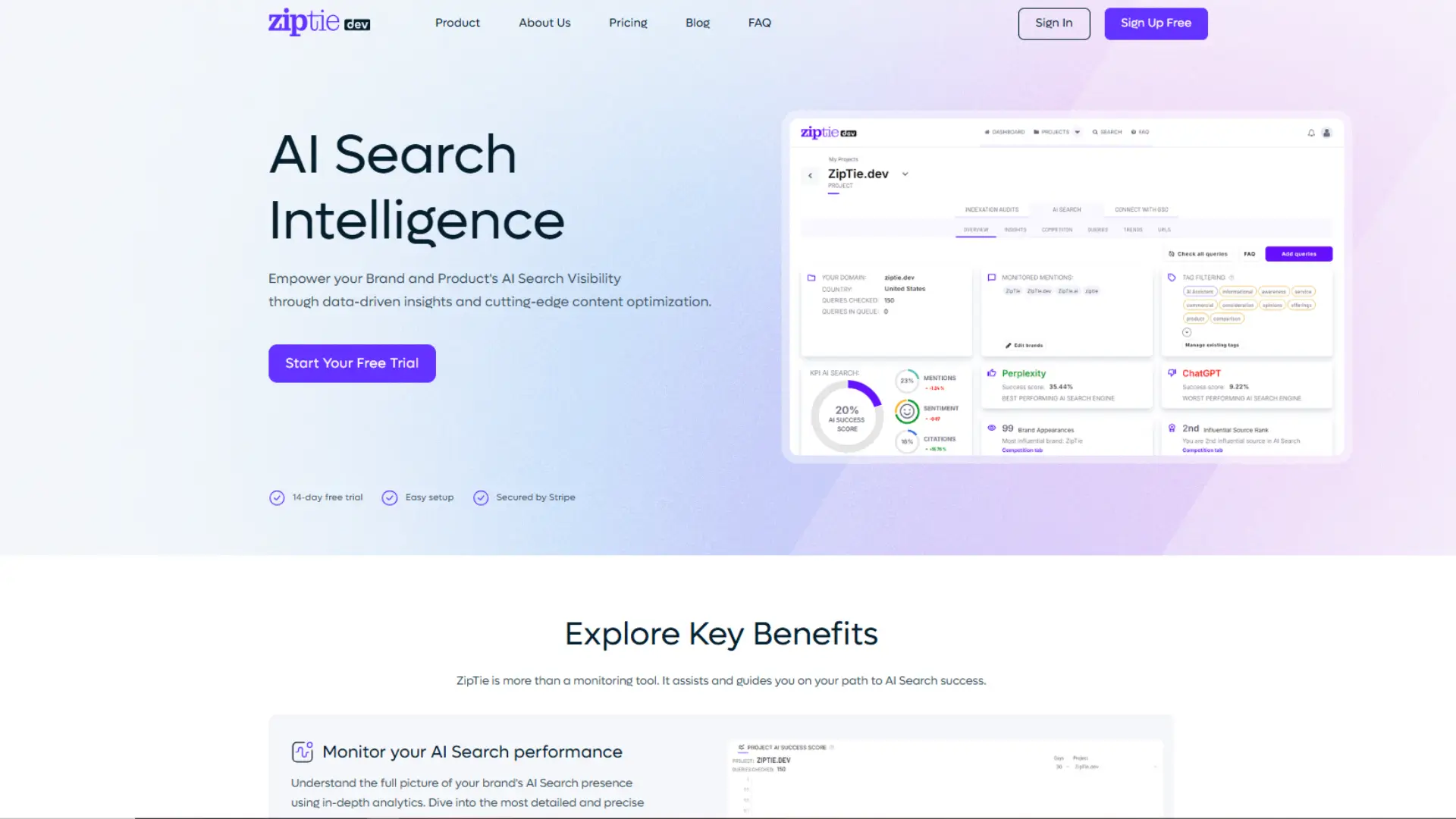 Screenshot of Ziptie.dev homepage for AI search monitoring and SEO analysis features