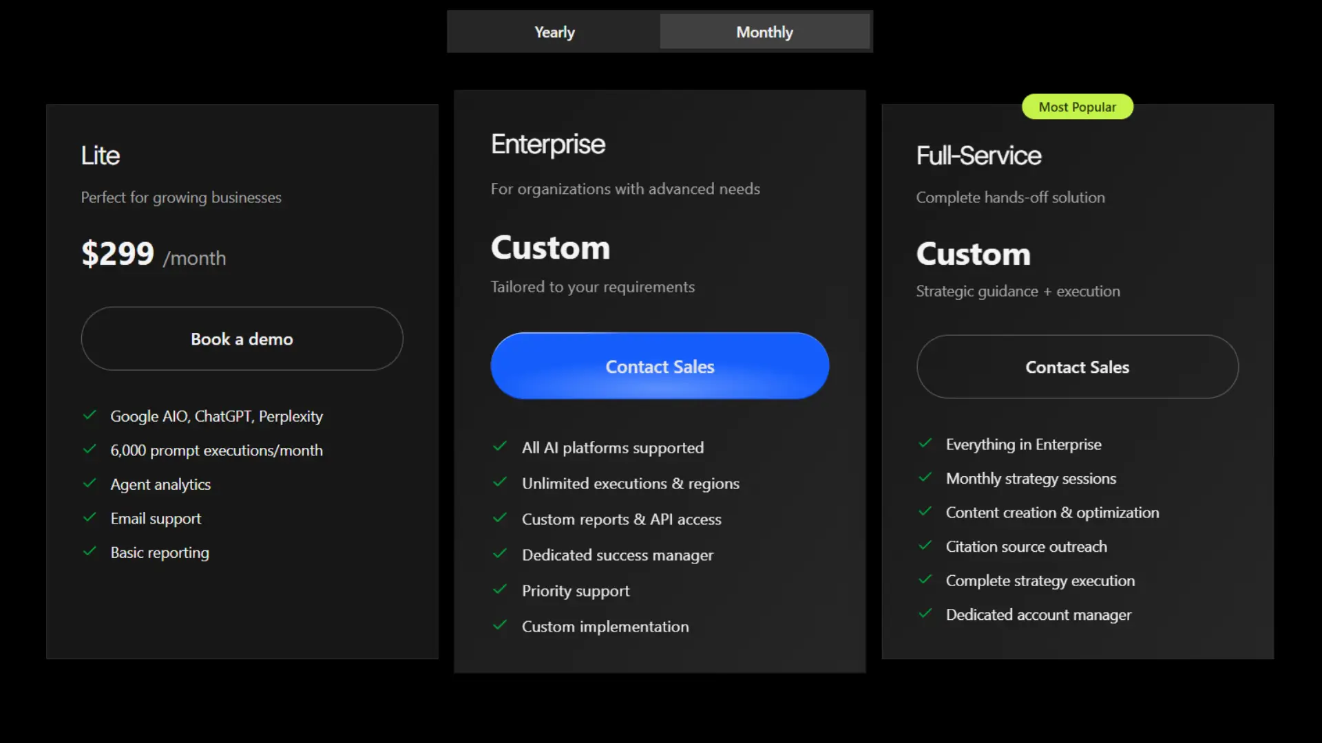 Geostar.ai pricing page showing Lite and Enterprise plans for AI visibility and GEO insights.