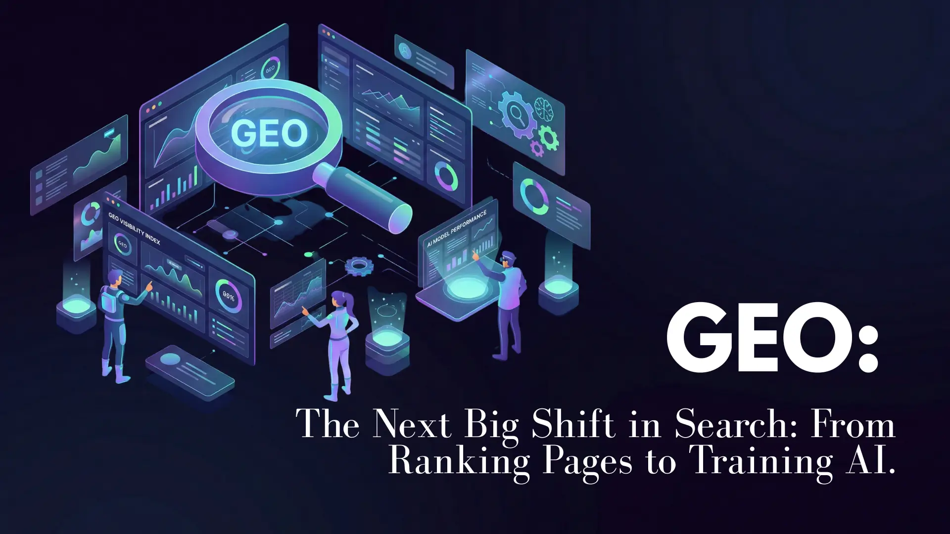 Futuristic illustration of people interacting with holographic screens showing GEO metrics and AI performance.