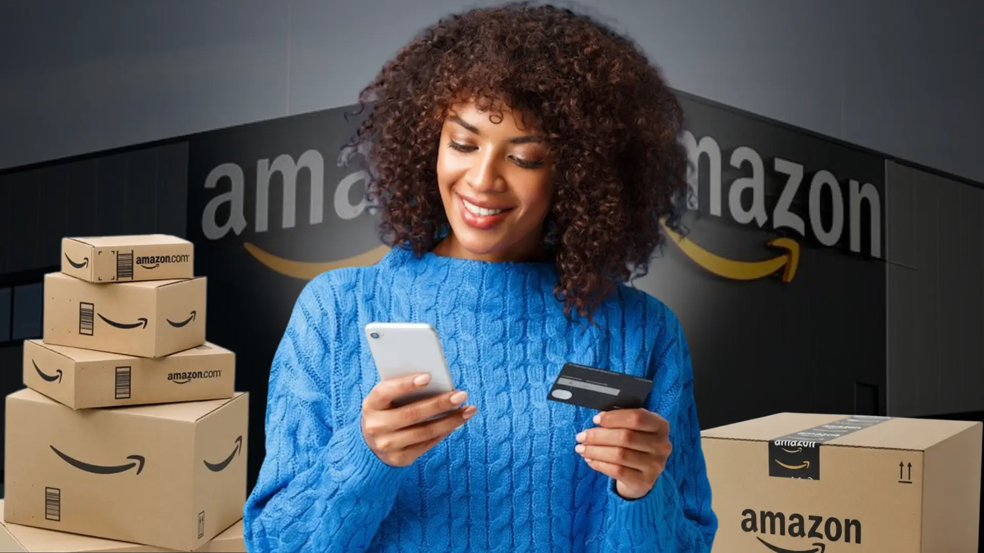 Image of a woman entering card info and Amazon delivery boxes around her