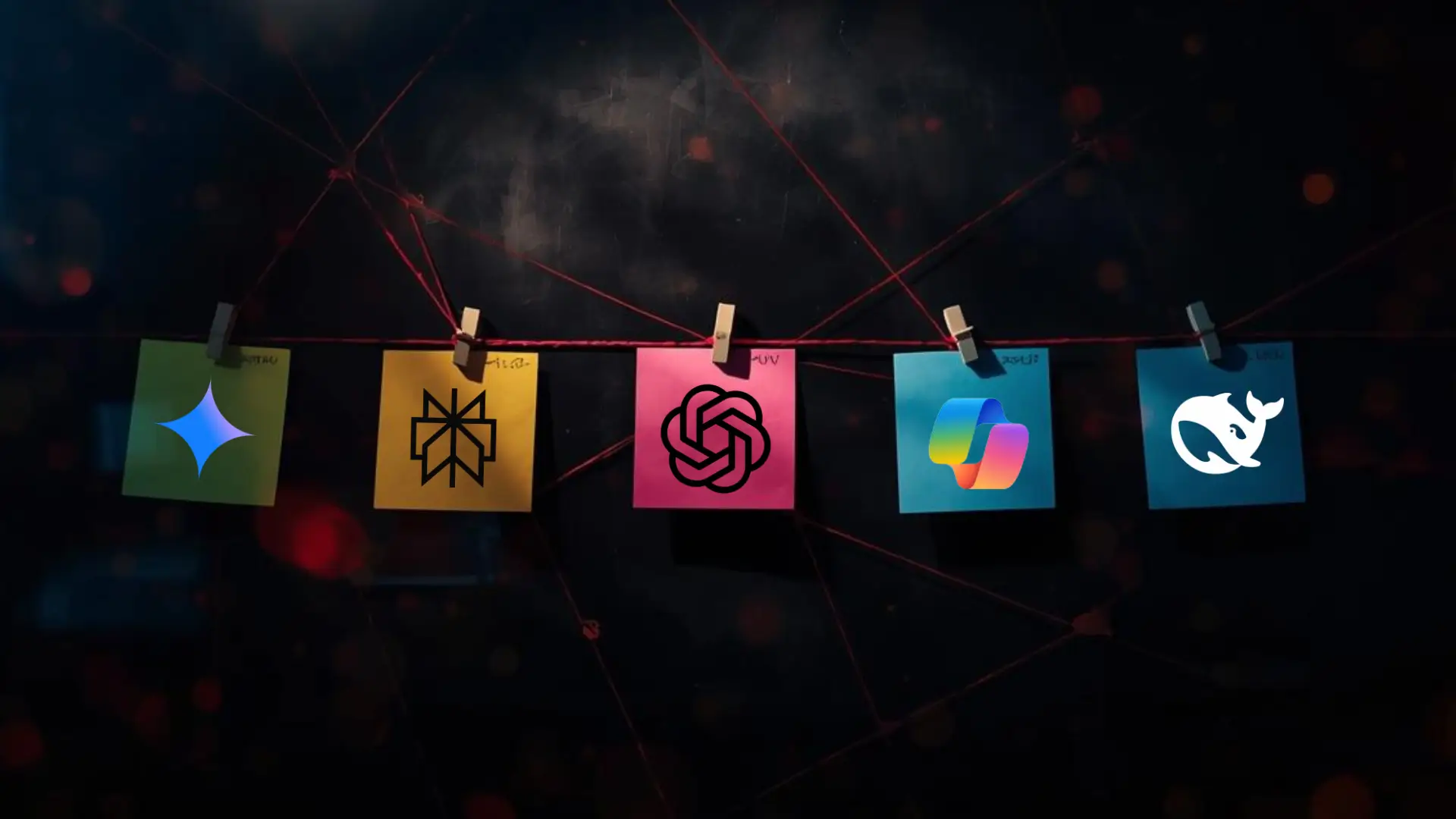 Five sticky notes labeled Bard, Claude, GPT, Copilot, and Poe clipped to a red string, each showing a logo of a popular AI platform.