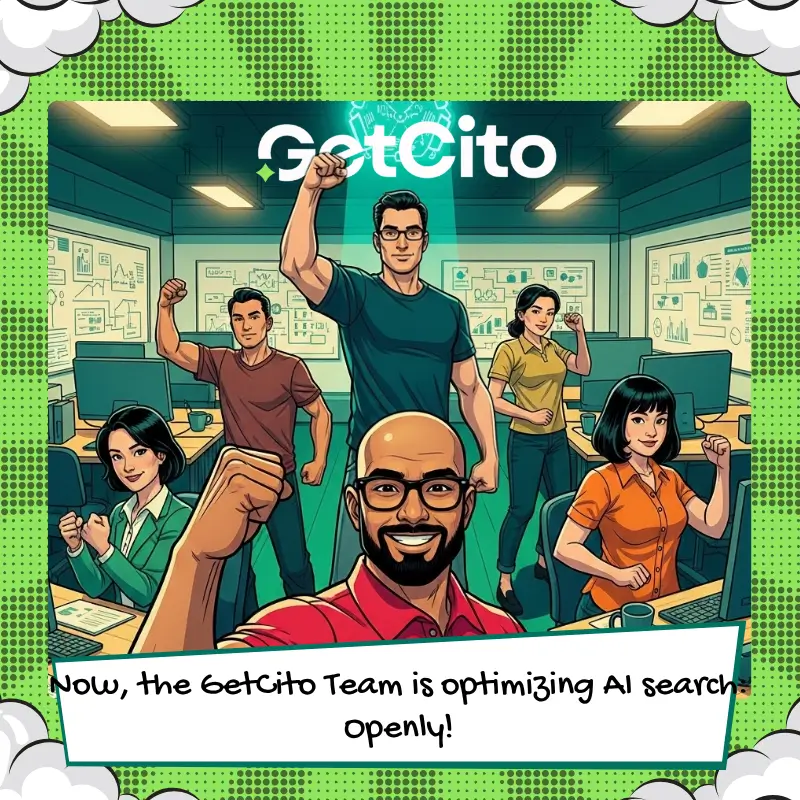 A comic-style illustration showing the AI Monitor team standing together in a modern office. Avinash, the founder, is smiling in the front with his fist raised in a celebratory gesture. The rest of the team, a diverse group of individuals, are also raising their fists in solidarity. Behind them is a glowing AI Monitor logo and multiple digital screens displaying data. The text at the bottom reads, 'The whole AI Monitor team is now ready to build a better world, together.