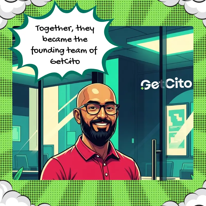 Comic-style illustration of four AI Monitor team members smiling in an office with charts and diagrams on the wall. A text box reads, 'Yash, the pattern-seer; Muskan, the storyteller; and Piyush & Saroj, the organizers, completed the founding team of AI Monitor.'